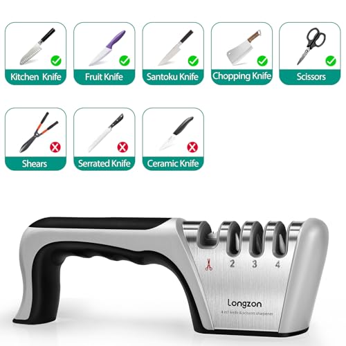 Eco-Friendly Longzon 5-in-1 Knife Sharpener 4 Stage with Cut-Resistant Glove, Quickly Set