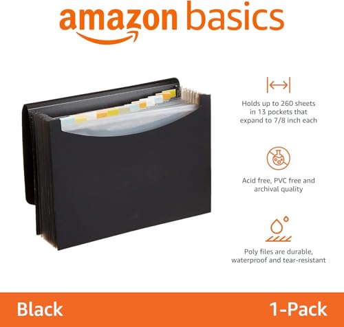 Smart Home Basics Expanding Accordion File Organizer, Letter Size, 13 Compartments, Kit