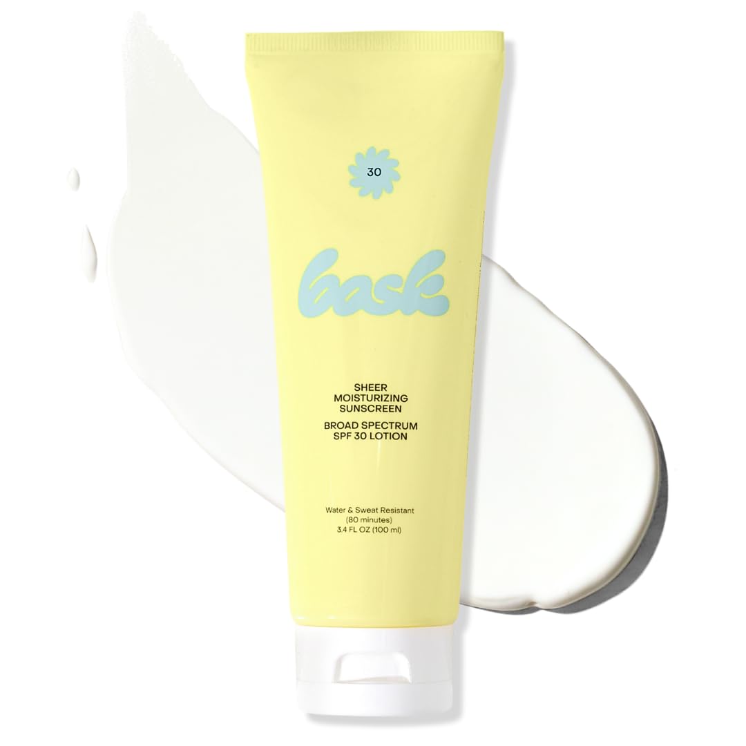 Bask SPF 50 Sheer Moisturizing Sunscreen Lotion - Broad Spectrum UVA/UVB Protection, Dermatologist Recommended, Hydrating, Lightweight & Non-Greasy, No White Cast, Travel Size, 3.4 fl oz