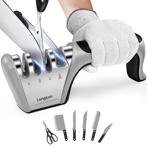 Eco-Friendly Longzon 5-in-1 Knife Sharpener 4 Stage with Cut-Resistant Glove, Quickly Set