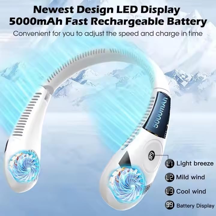 GLACIAIRE Neck Fan – Portable Cooling Fan with Powerful Airflow | USB‑C Rechargeable 5000mAh Battery | Foldable Wearable Personal Face Fan for Around Neck, Quiet 3-Speed Air Cooler – White
