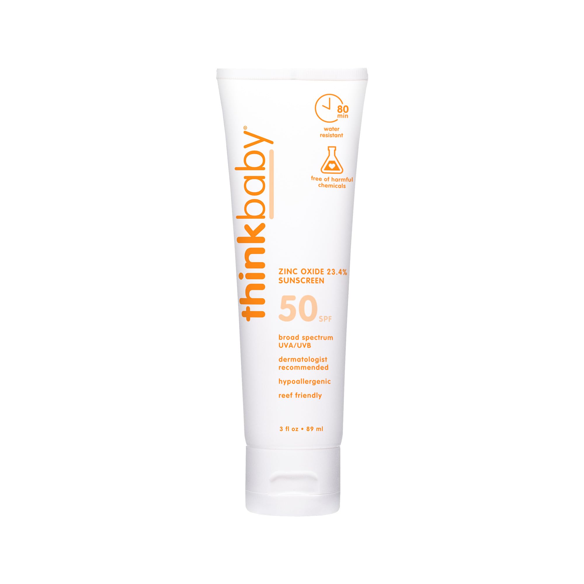 Thinkbaby SPF 50+ Baby Sunscreen, 6 Oz. – Safe, Natural Mineral Sun Cream for Babies - Water Resistant, Broad Spectrum UVA/UVB Sun Protection – Vegan Sunscreen for Kids