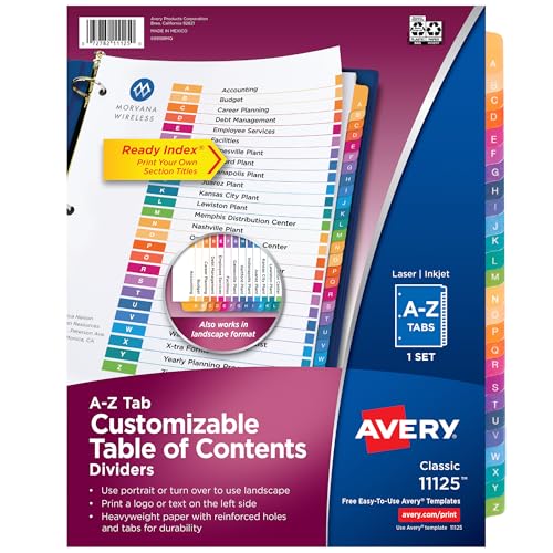 Minimalist Avery A-Z Dividers for 3 Ring Binders, 26 Tabs per Kit