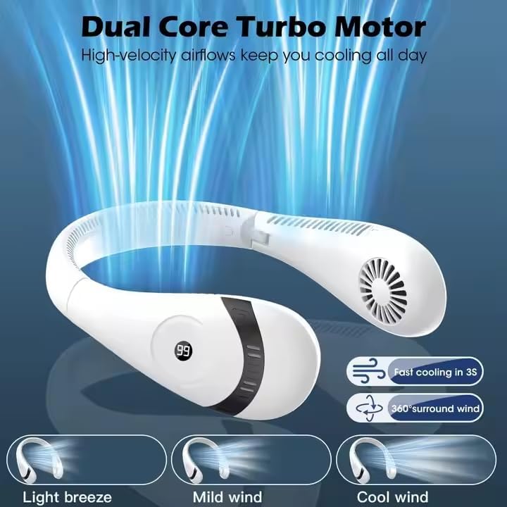 GLACIAIRE Neck Fan – Portable Cooling Fan with Powerful Airflow | USB‑C Rechargeable 5000mAh Battery | Foldable Wearable Personal Face Fan for Around Neck, Quiet 3-Speed Air Cooler – White