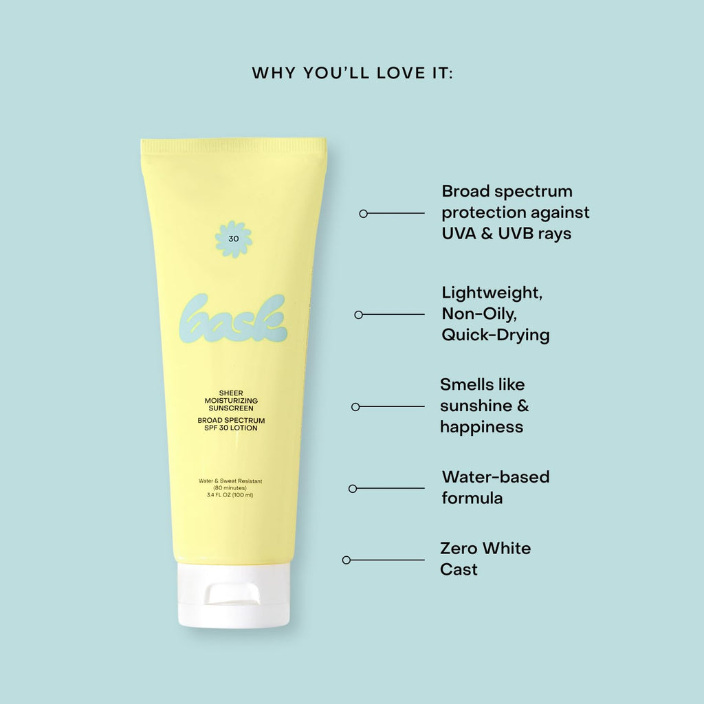 Bask SPF 50 Sheer Moisturizing Sunscreen Lotion - Broad Spectrum UVA/UVB Protection, Dermatologist Recommended, Hydrating, Lightweight & Non-Greasy, No White Cast, Travel Size, 3.4 fl oz