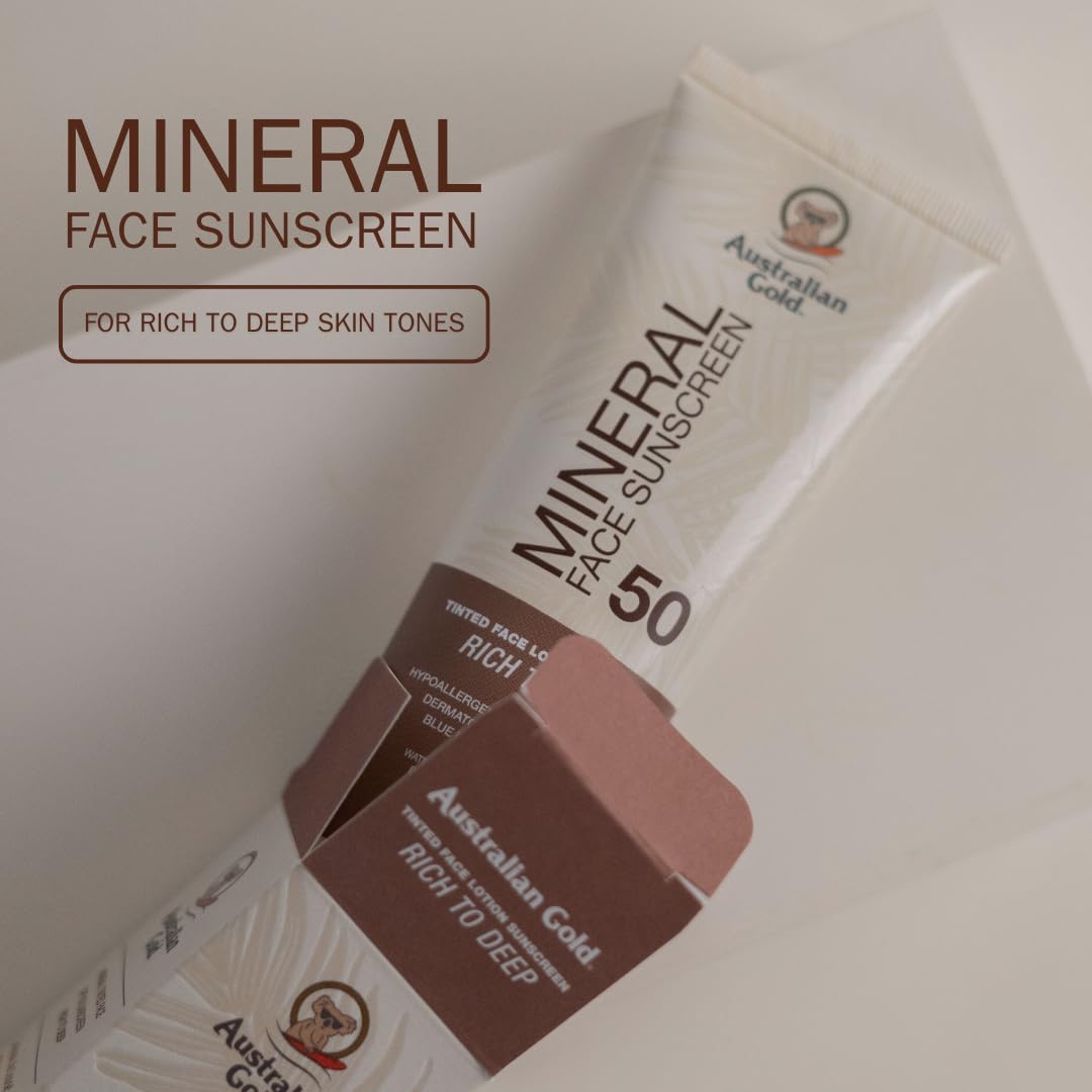 Australian Gold SPF 50 Tinted Mineral Face Sunscreen, Medium to Tan, 2.5 fl oz, Broad Spectrum, Non-Greasy BB Cream with Blue Light & Sun Protection, 4% Zinc Oxide & Titanium Dioxide, Hypoallergenic