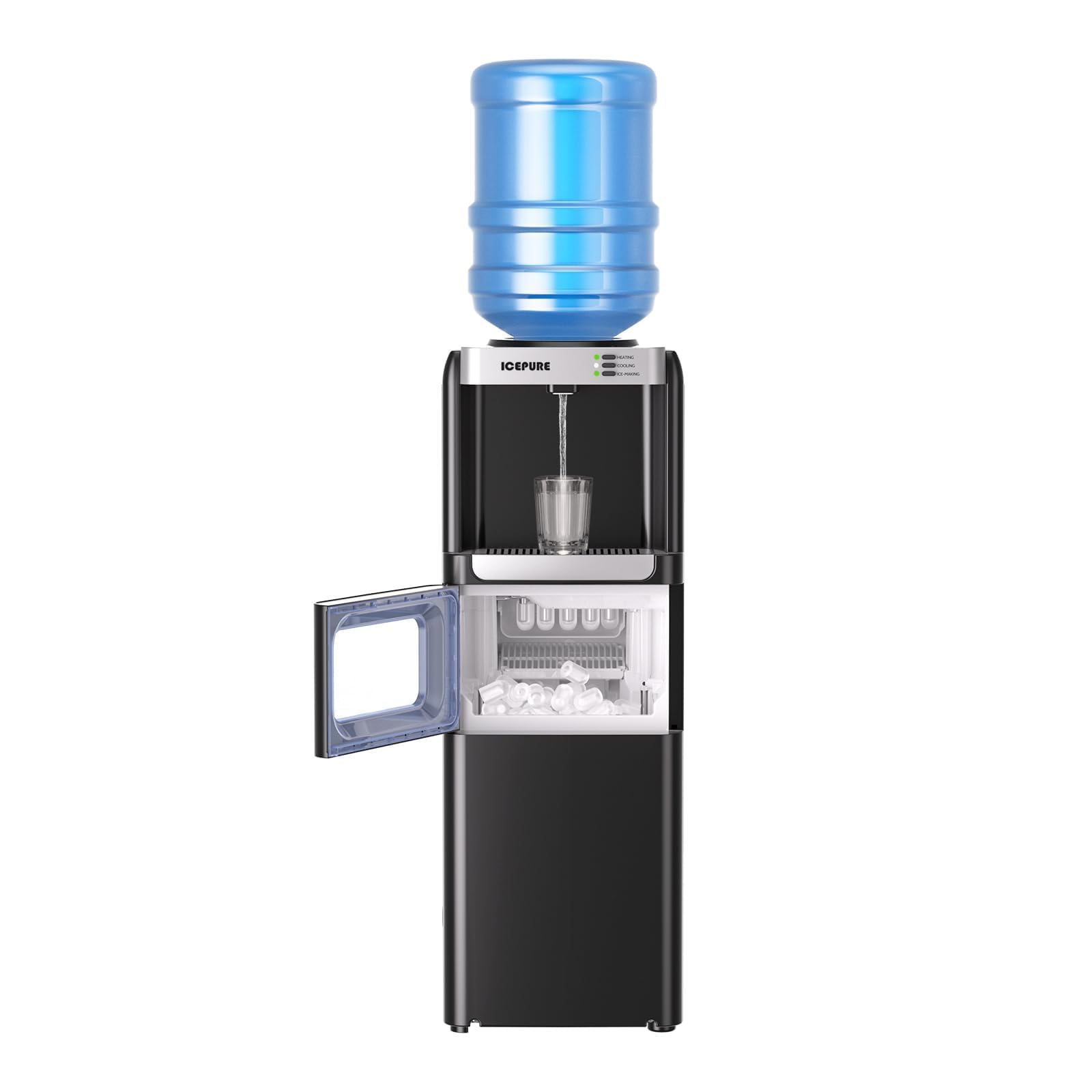 ICEPURE 3-in-1 Water Dispenser with Built-in Ice Maker, Water Cooler Dispenser for 5 Gallon Bottle Top Loading, Hot and Cold Water Dispenser with Child Lock for Home and Office, 33lbs/24H