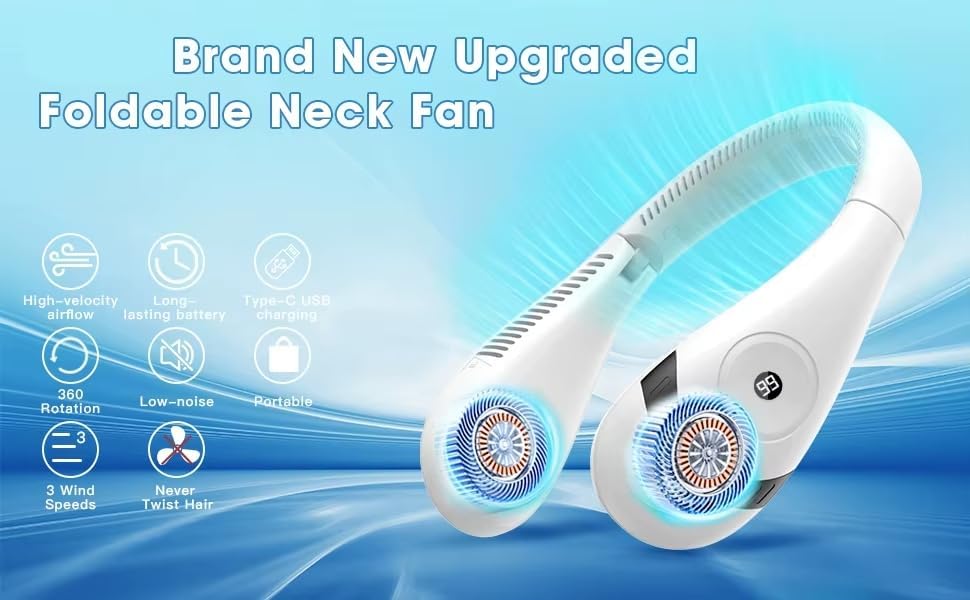 GLACIAIRE Neck Fan – Portable Cooling Fan with Powerful Airflow | USB‑C Rechargeable 5000mAh Battery | Foldable Wearable Personal Face Fan for Around Neck, Quiet 3-Speed Air Cooler – White