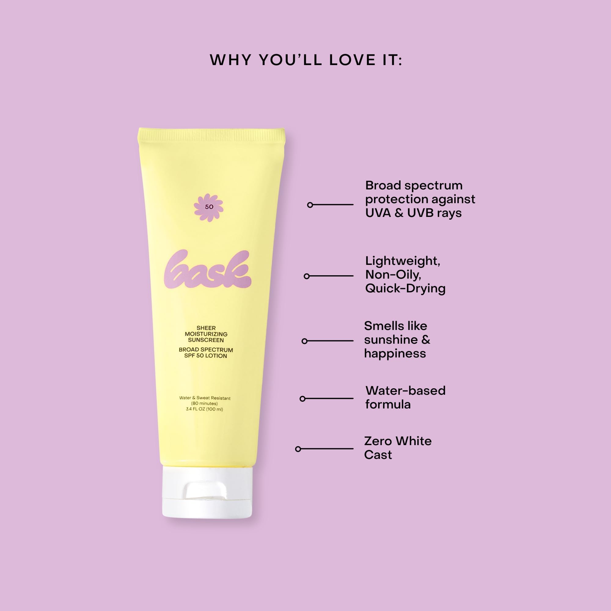 Bask SPF 50 Sheer Moisturizing Sunscreen Lotion - Broad Spectrum UVA/UVB Protection, Dermatologist Recommended, Hydrating, Lightweight & Non-Greasy, No White Cast, Travel Size, 3.4 fl oz