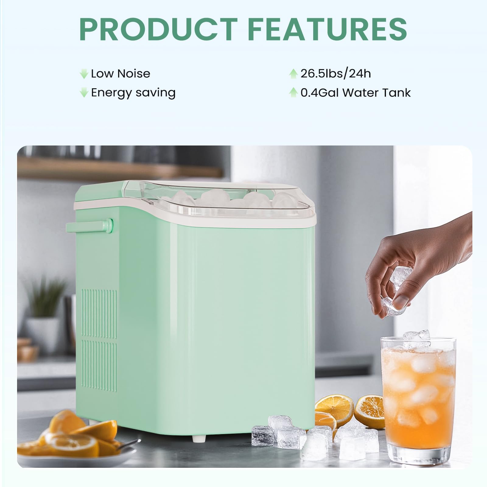 Ice Makers Countertop, Portable Ice Machine with Handle, 6 Mins 9 Bullet Cubes with Basket and Scoop, 26lbs in 24Hrs, Auto-Cleaning, for Home, Kitchen, RV, Camping, Green