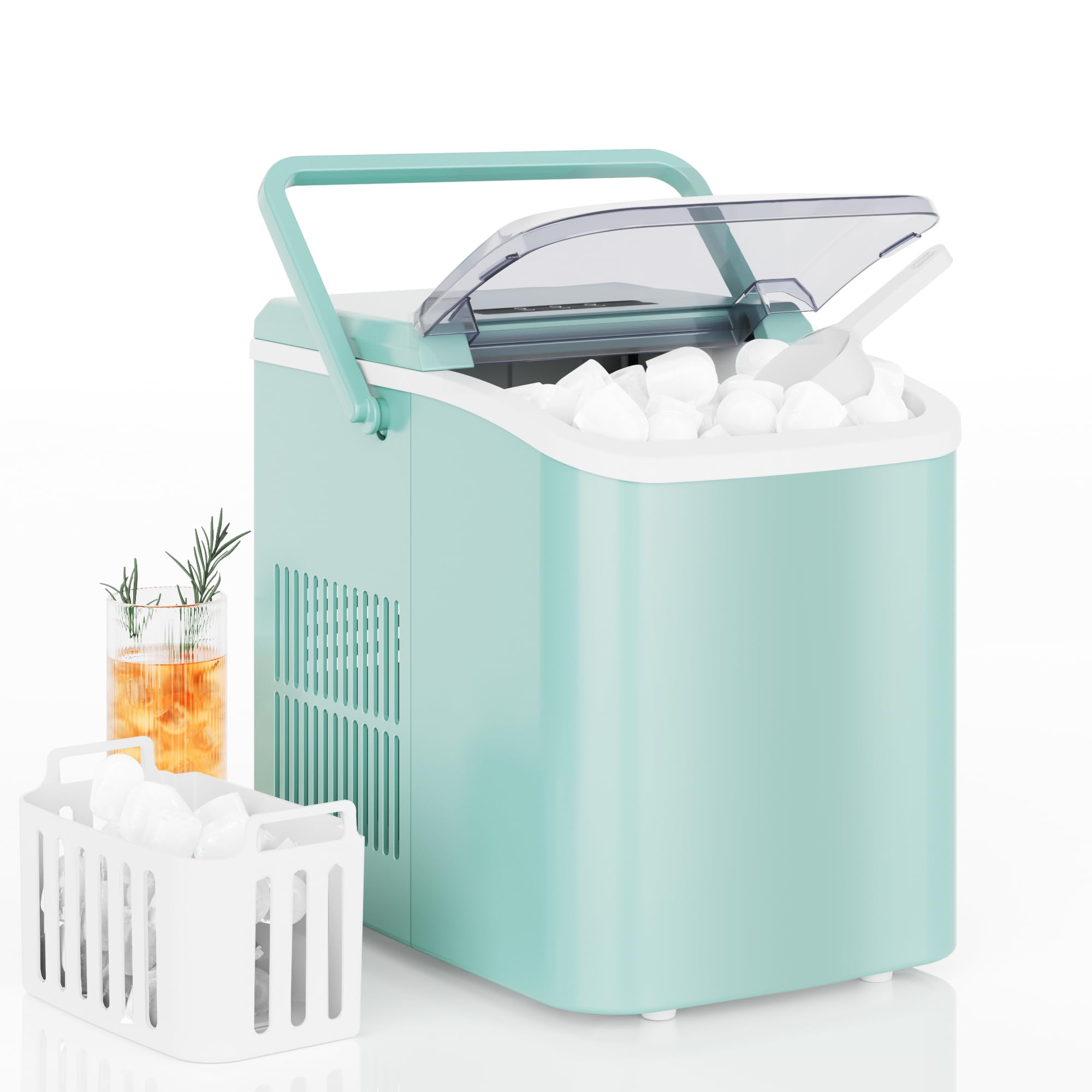 DUMOS Countertop Ice Maker with Handle, 26lbs/24H Portable Ice Machine | 9 Bullet Cubes Ready in 6 Mins, Self-Cleaning, Quiet Compact for Home, Kitchen, RV, Camping, Bright Black