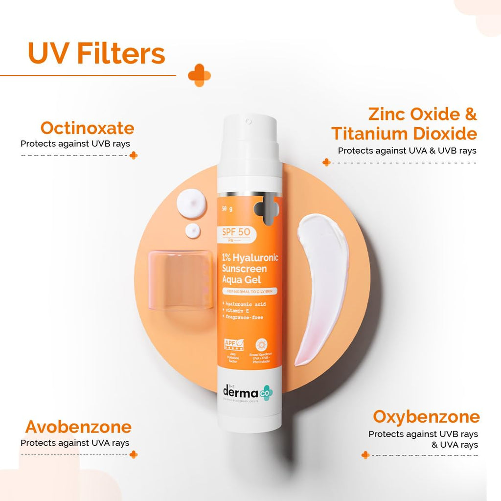 The Derma Co 1% Hyaluronic Sunscreen Aqua Gel with SPF 50 & PA++++ | Broad Spectrum UVA/B & Blue Light Protection | Lightweight & Quick Absorbing with Vitamin E | 1.76 Oz/50g