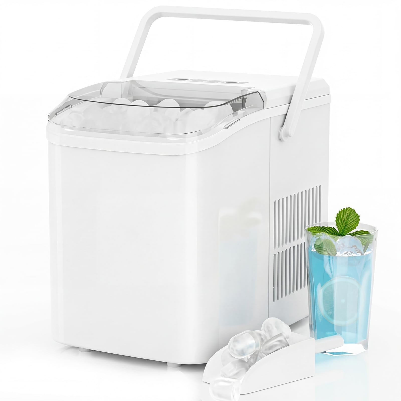 Ice Makers Countertop, Portable Ice Machine with Handle, 6 Mins 9 Bullet Cubes with Basket and Scoop, 26lbs in 24Hrs, Auto-Cleaning, for Home, Kitchen, RV, Camping, Green