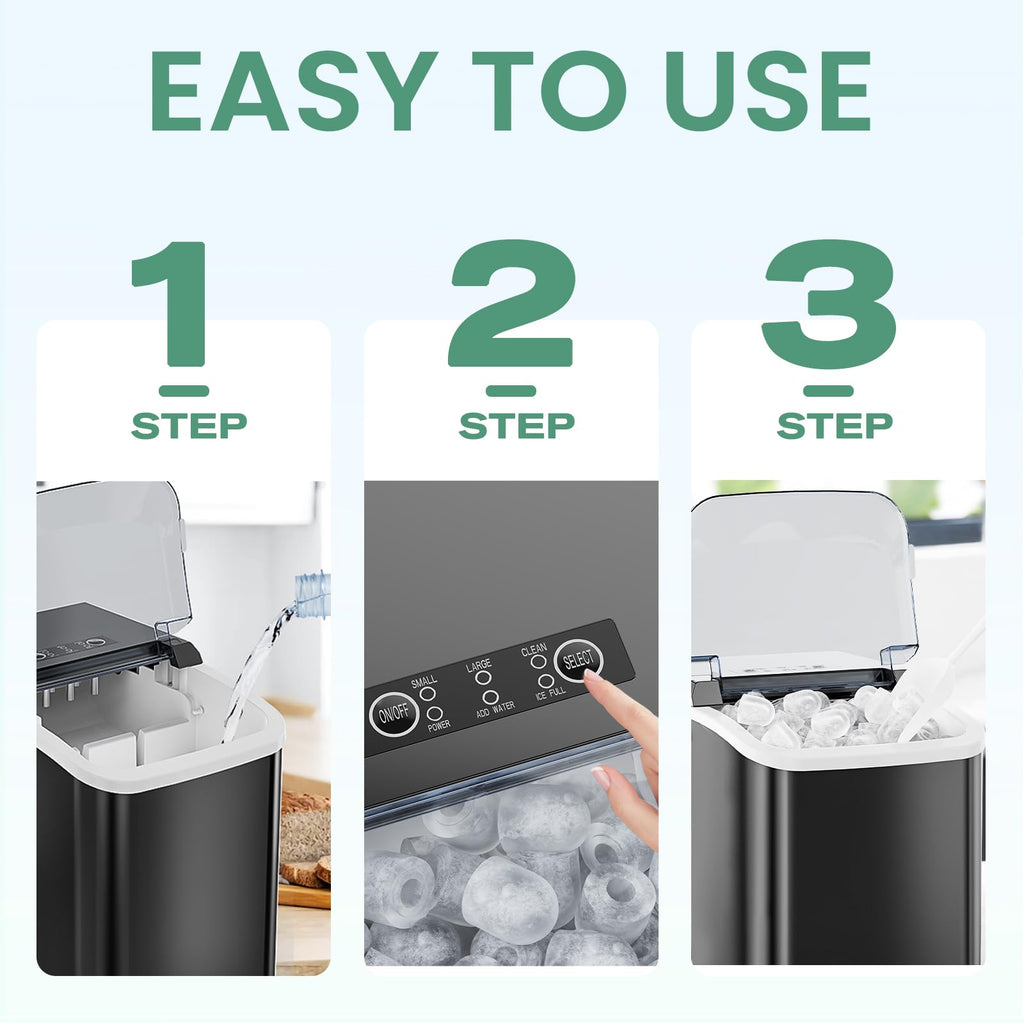 Ice Makers Countertop, Portable Ice Machine with Handle, 6 Mins 9 Bullet Cubes with Basket and Scoop, 26lbs in 24Hrs, Auto-Cleaning, for Home, Kitchen, RV, Camping, Green