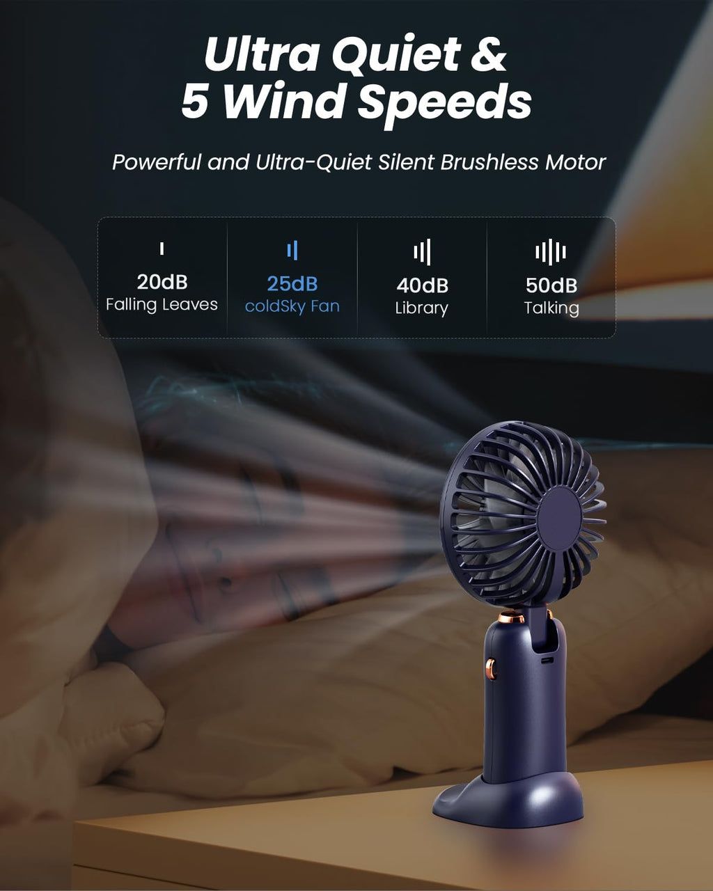 coldSky Portable Handheld Fan, 4000mAh Battery Operated with LED Display, Handheld/Neck/Desk 3 in 1 Personal Small Fan, 90° Foldable Desk Fan with Base, 5 Speed Lash Makeup Fan for Women