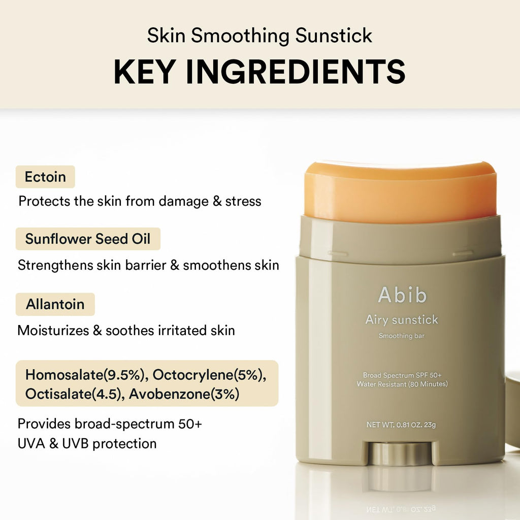 Abib Airy Sunstick Protection Bar SPF50+ Broad Spectrum, Semi-Matte Sunscreen Stick for Oily & Combination Skin, No White Cast, Water-Resistant, Korean Sunscreen, 0.81 oz / 23 g