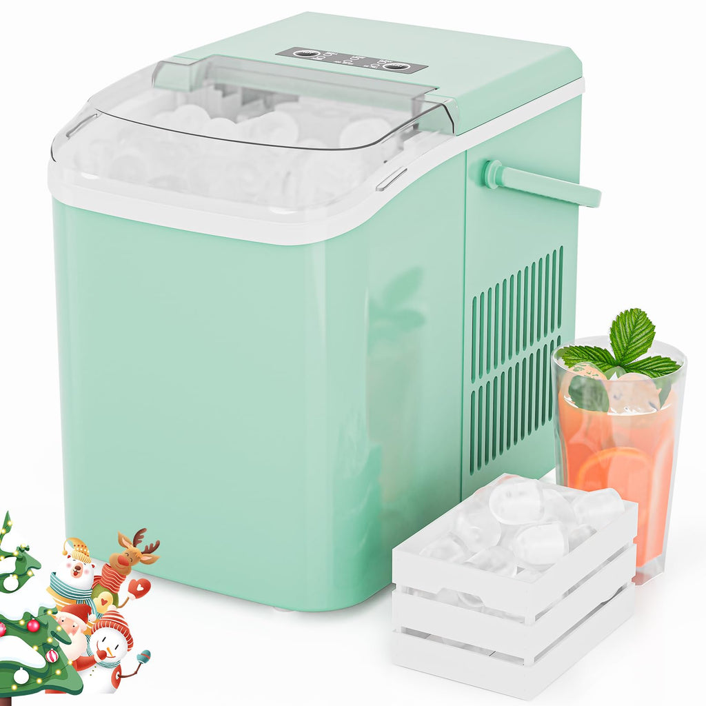 Ice Makers Countertop, Portable Ice Machine with Handle, 6 Mins 9 Bullet Cubes with Basket and Scoop, 26lbs in 24Hrs, Auto-Cleaning, for Home, Kitchen, RV, Camping, Green