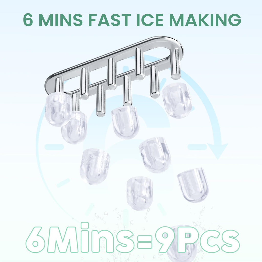 Ice Makers Countertop, Portable Ice Machine with Handle, 6 Mins 9 Bullet Cubes with Basket and Scoop, 26lbs in 24Hrs, Auto-Cleaning, for Home, Kitchen, RV, Camping, Green