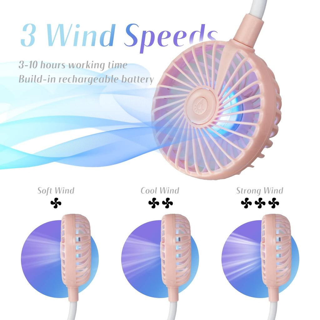 VAGAU Portable Neck Fan with Colorful LED Lights, 360 Rotation, Wearable Air Conditioner for Office Travel Sport, 3 Adjustable Speeds (Pink)