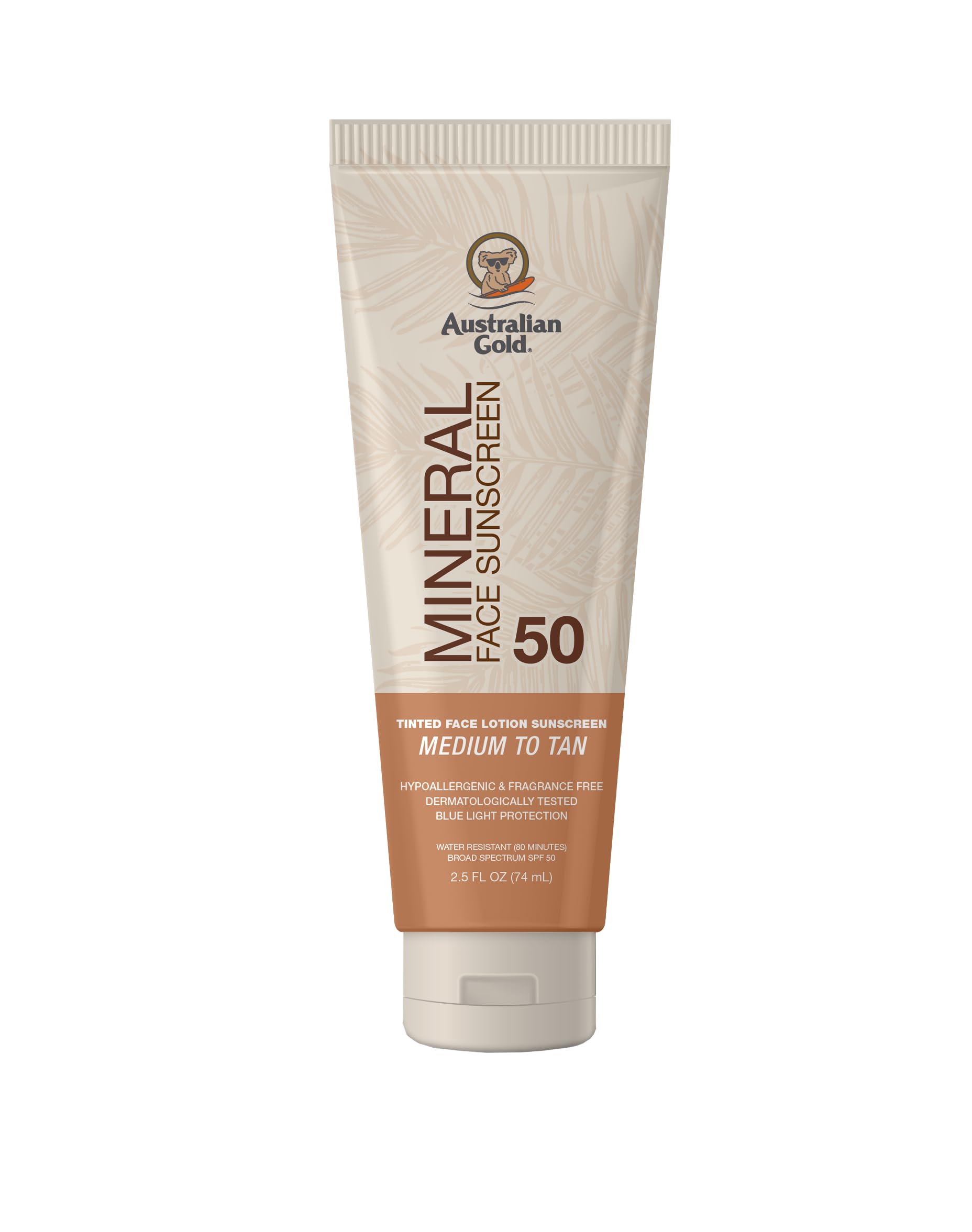 Australian Gold SPF 50 Tinted Mineral Face Sunscreen, Medium to Tan, 2.5 fl oz, Broad Spectrum, Non-Greasy BB Cream with Blue Light & Sun Protection, 4% Zinc Oxide & Titanium Dioxide, Hypoallergenic