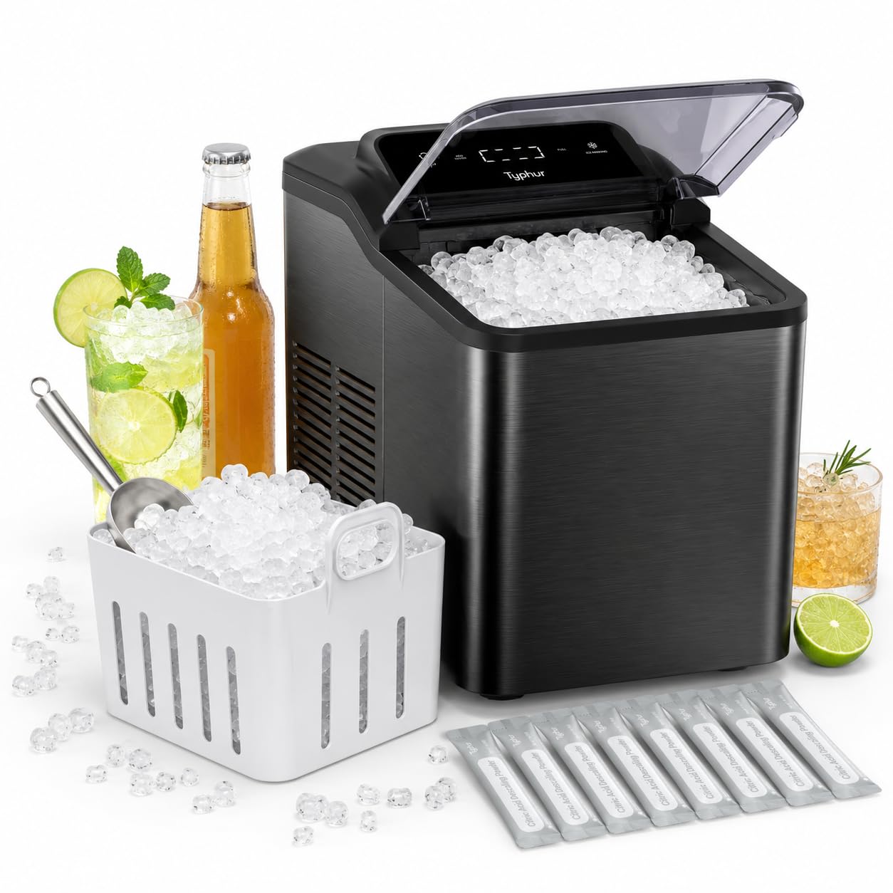 Typhur Fast Nugget Ice Maker Countertop with Self-Cleaning Pump, 35lbs/24H Crushed Pebble Ice Machine with Pellet Ice, 8 Packs Cleaner, Dual Ice Scoops for Home, Kitchen, Party, RV, Stainless Steel