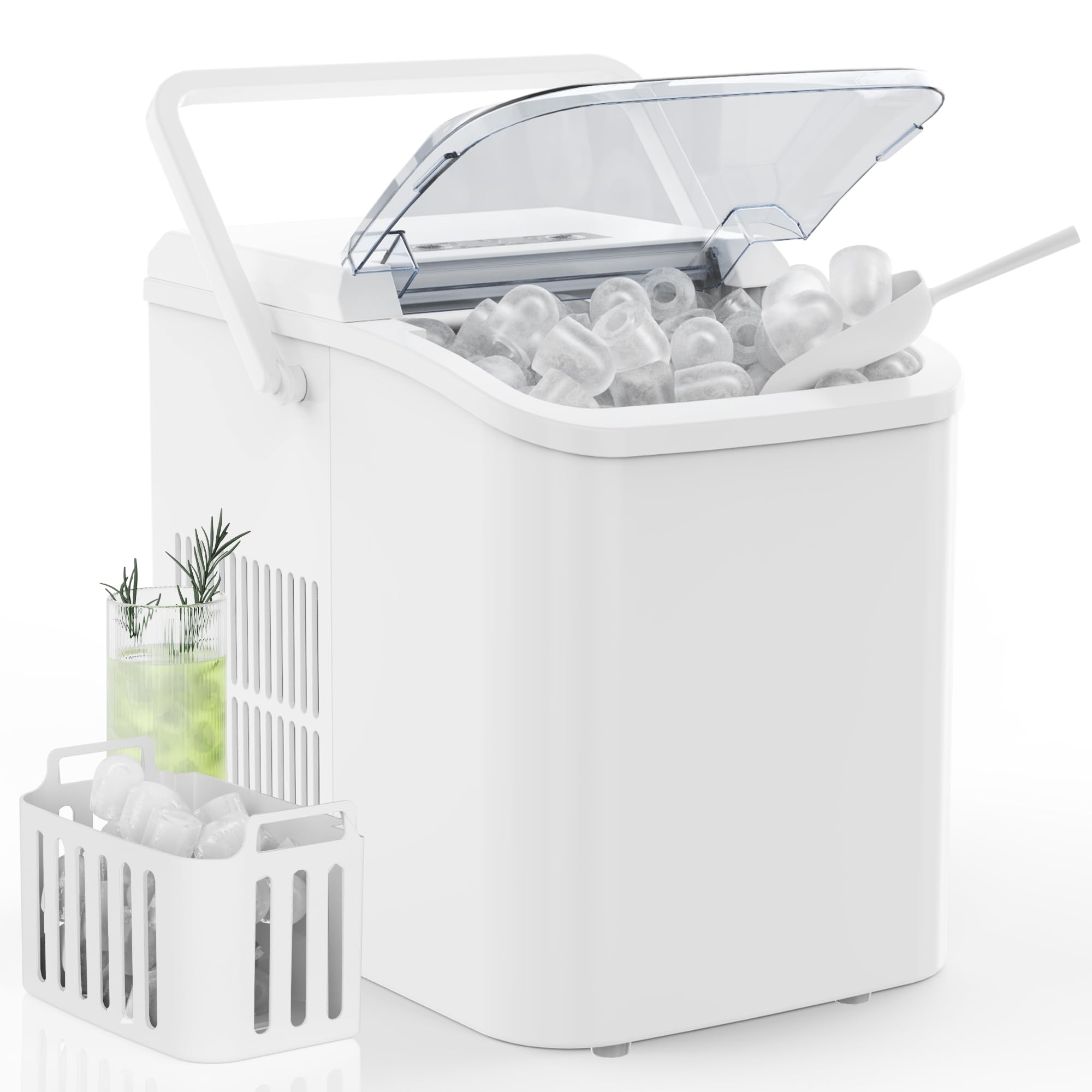 DUMOS Countertop Ice Maker with Handle, 26lbs/24H Portable Ice Machine | 9 Bullet Cubes Ready in 6 Mins, Self-Cleaning, Quiet Compact for Home, Kitchen, RV, Camping, Bright Black