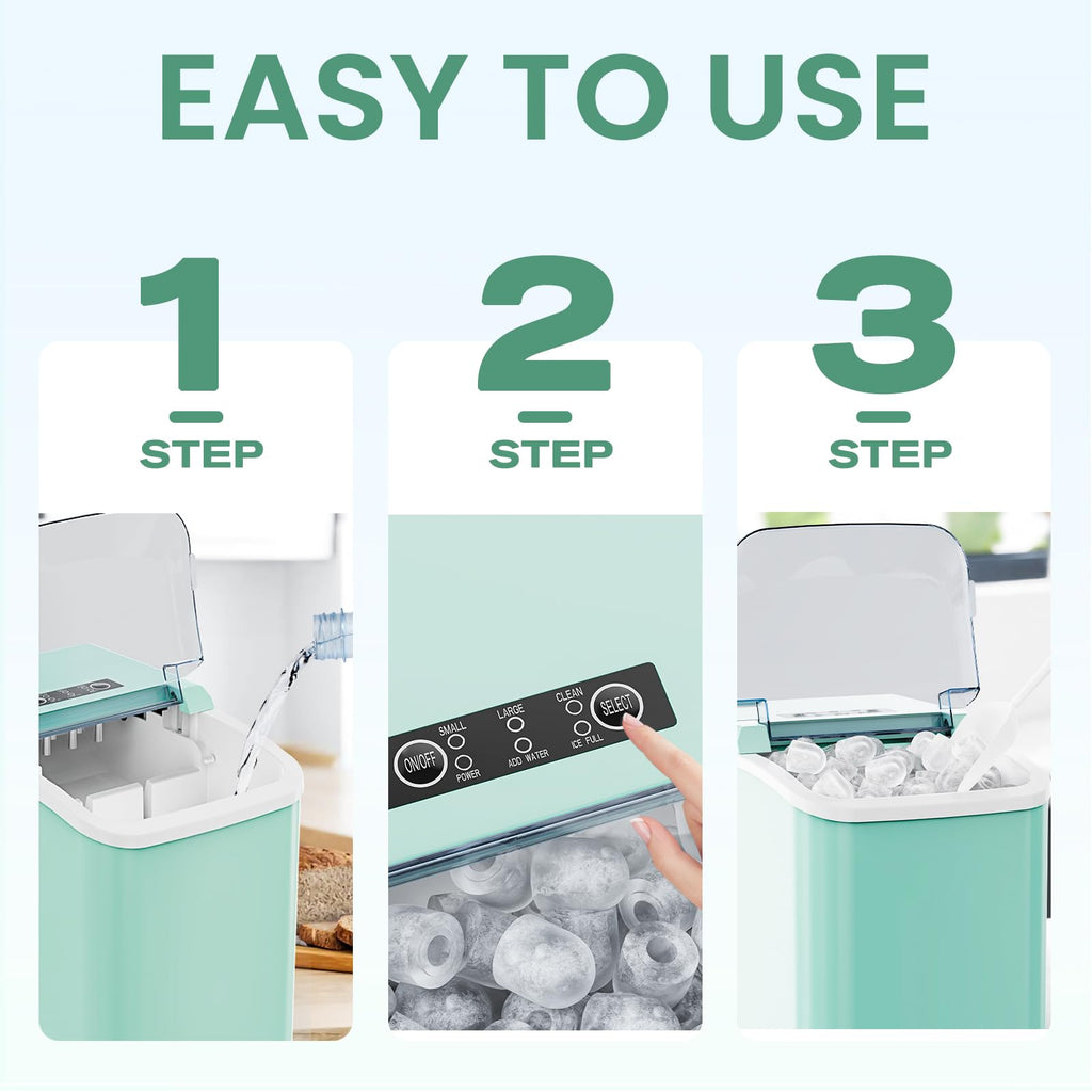 Ice Makers Countertop, Portable Ice Machine with Handle, 6 Mins 9 Bullet Cubes with Basket and Scoop, 26lbs in 24Hrs, Auto-Cleaning, for Home, Kitchen, RV, Camping, Green