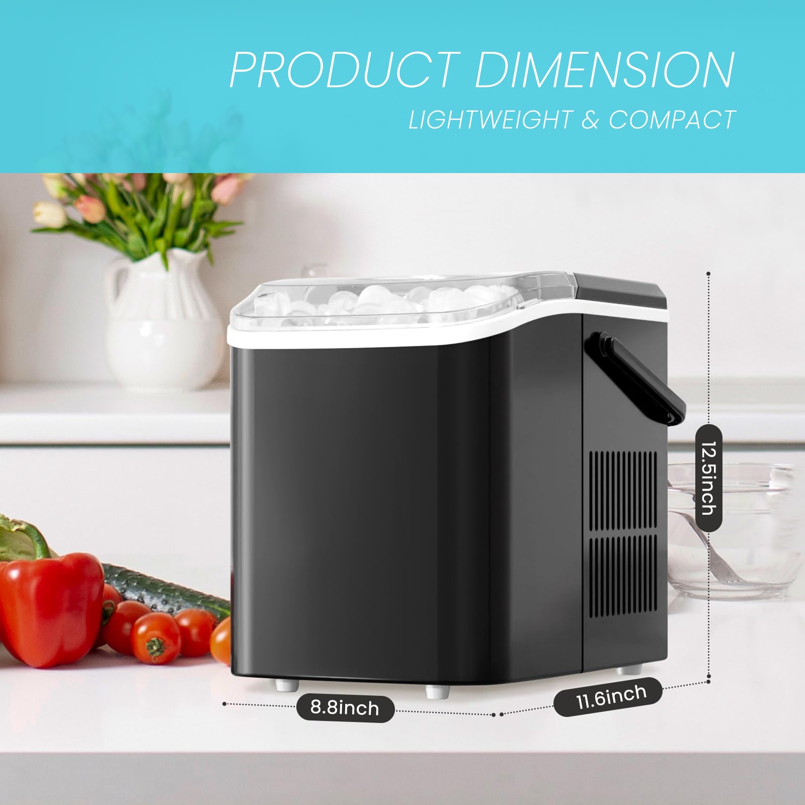 Ice Makers Countertop, Portable Ice Machine with Handle, 6 Mins 9 Bullet Cubes with Basket and Scoop, 26lbs in 24Hrs, Auto-Cleaning, for Home, Kitchen, RV, Camping, Green