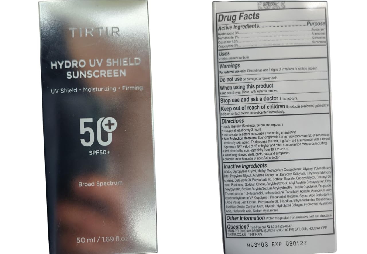 TIRTIR Hydro UV Shield Sunscreen | SPF 50+ Broad Spectrum UVA UVB Korean No White Cast Face Sun Protection, 1.69 Fl Oz