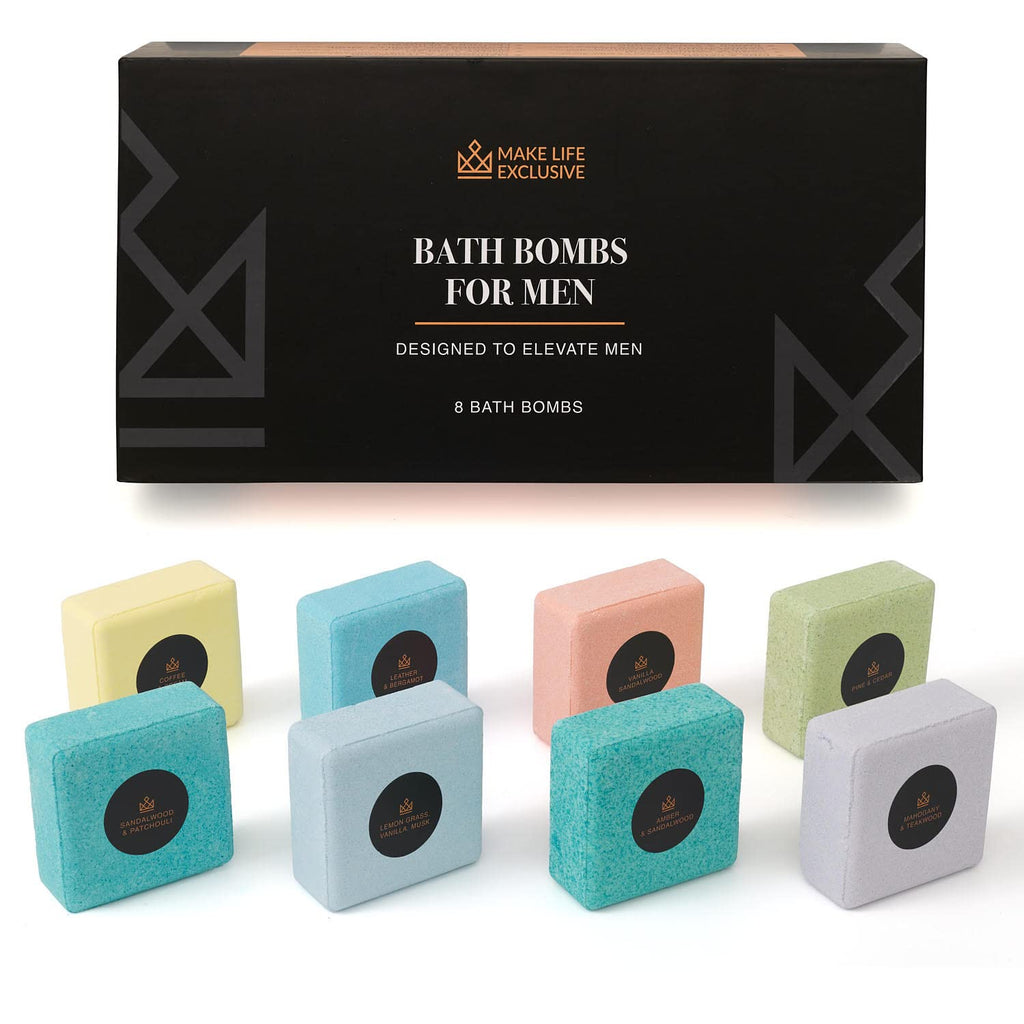 Bath Bombs for Men – 8 Large Diamond Shape Natural Mens Bath Bombs | Relaxing Bubble Bath Set & Bubble Bath Balls for Men | Masculine Scents & Skin Soothing Gift Set