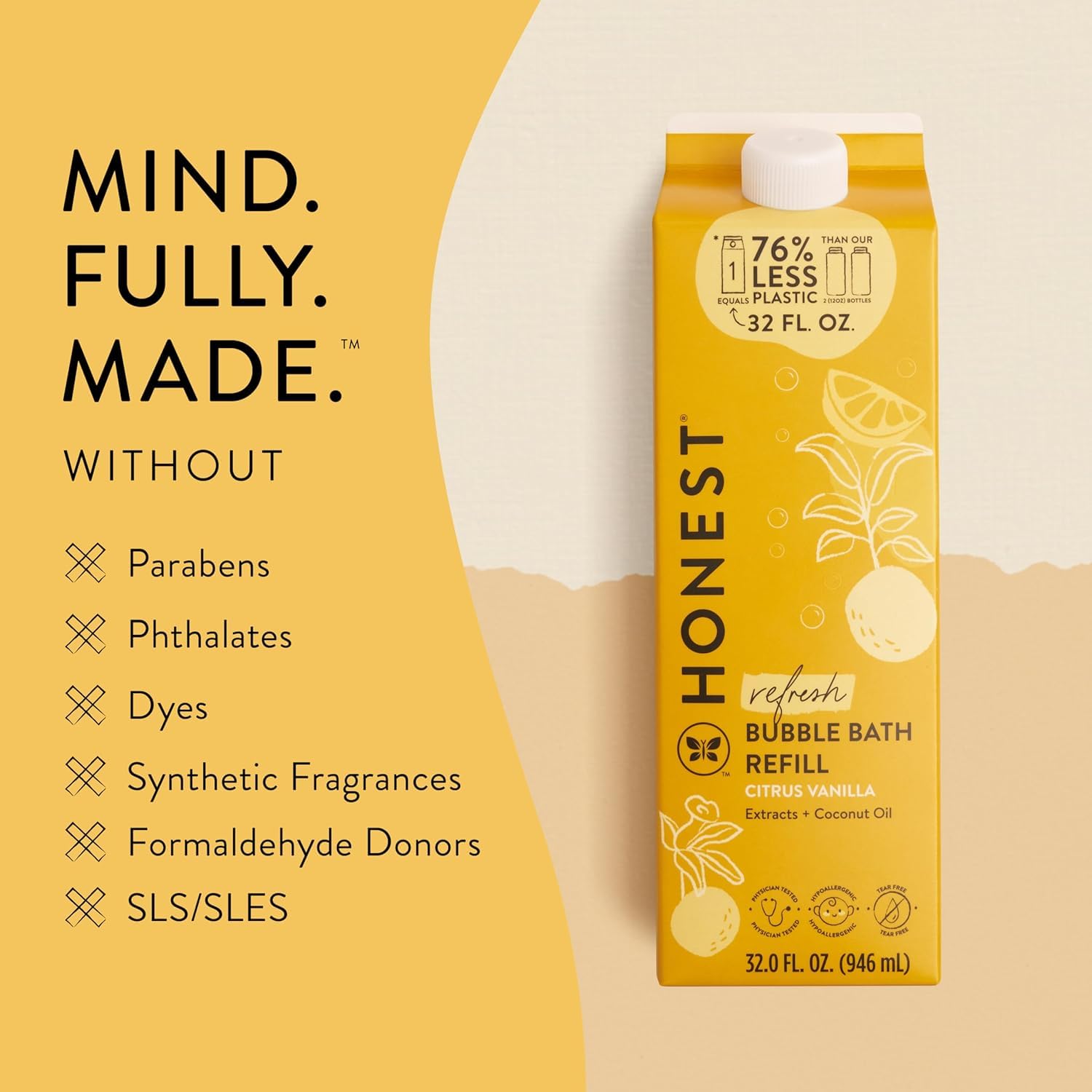 The Honest Company Foaming Bubble Bath, Naturally Derived, Tear-free, Hypoallergenic, Citrus Vanilla Refresh, 12 fl oz