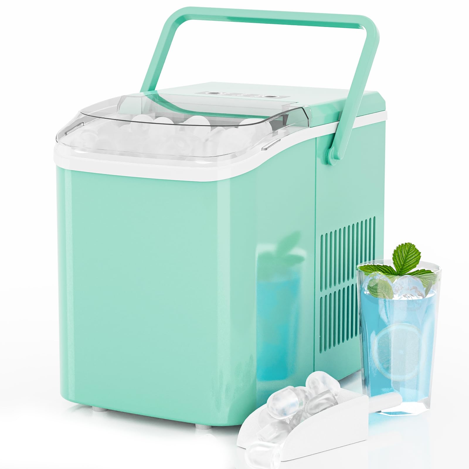 Ice Makers Countertop, Portable Ice Machine with Handle, 6 Mins 9 Bullet Cubes with Basket and Scoop, 26lbs in 24Hrs, Auto-Cleaning, for Home, Kitchen, RV, Camping, Green