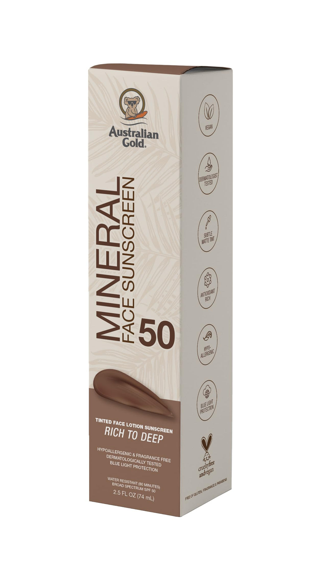 Australian Gold SPF 50 Tinted Mineral Face Sunscreen, Medium to Tan, 2.5 fl oz, Broad Spectrum, Non-Greasy BB Cream with Blue Light & Sun Protection, 4% Zinc Oxide & Titanium Dioxide, Hypoallergenic