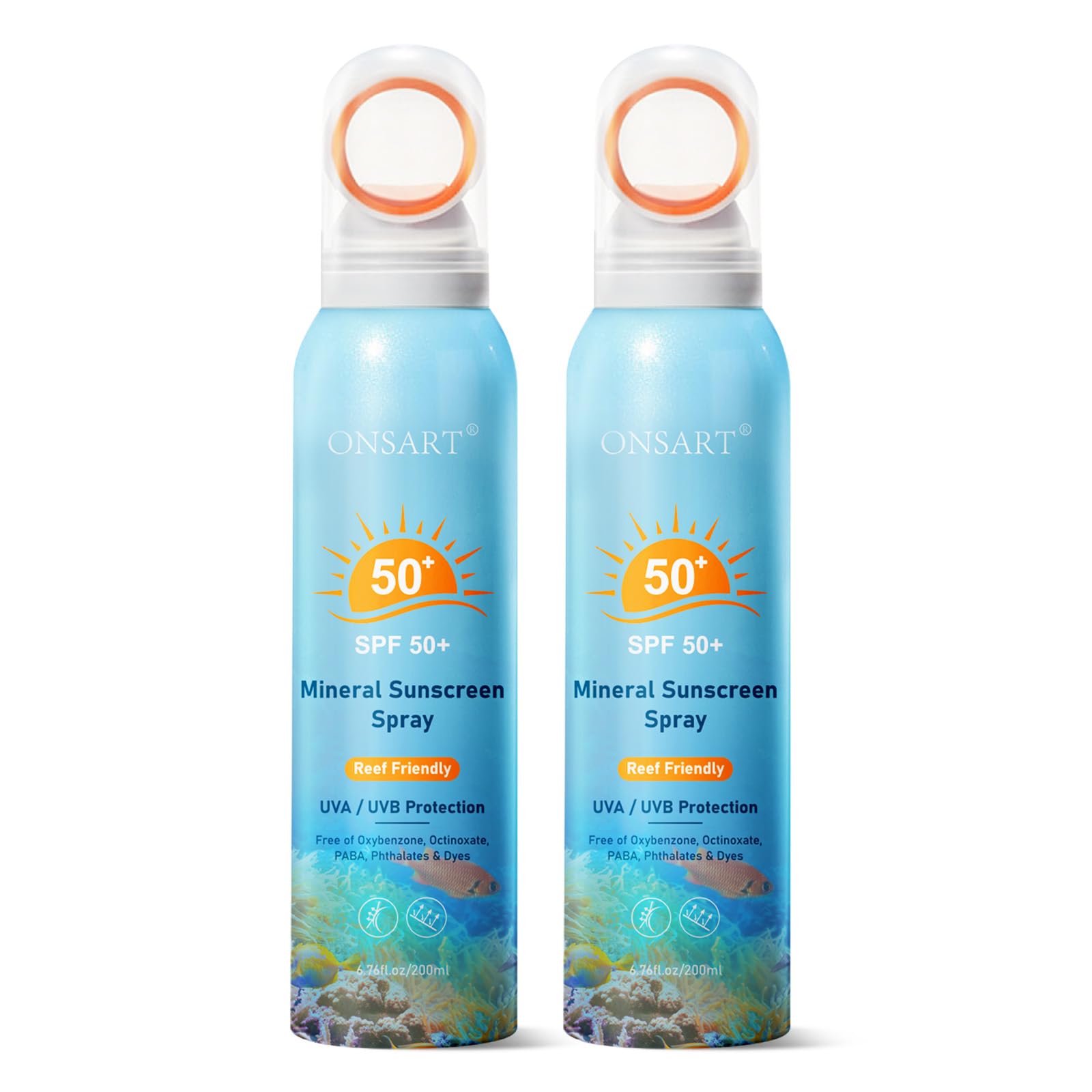 Reef Safe Mineral Sunscreen Spray SPF 50+ with Zinc Oxide, Broad Spectrum UVA/UVB Protection, Lightweight Non-Greasy, Travel Size Sunscreen for Face & Body, Water & Sweat Resistant, 6.76 oz(2 Pack)