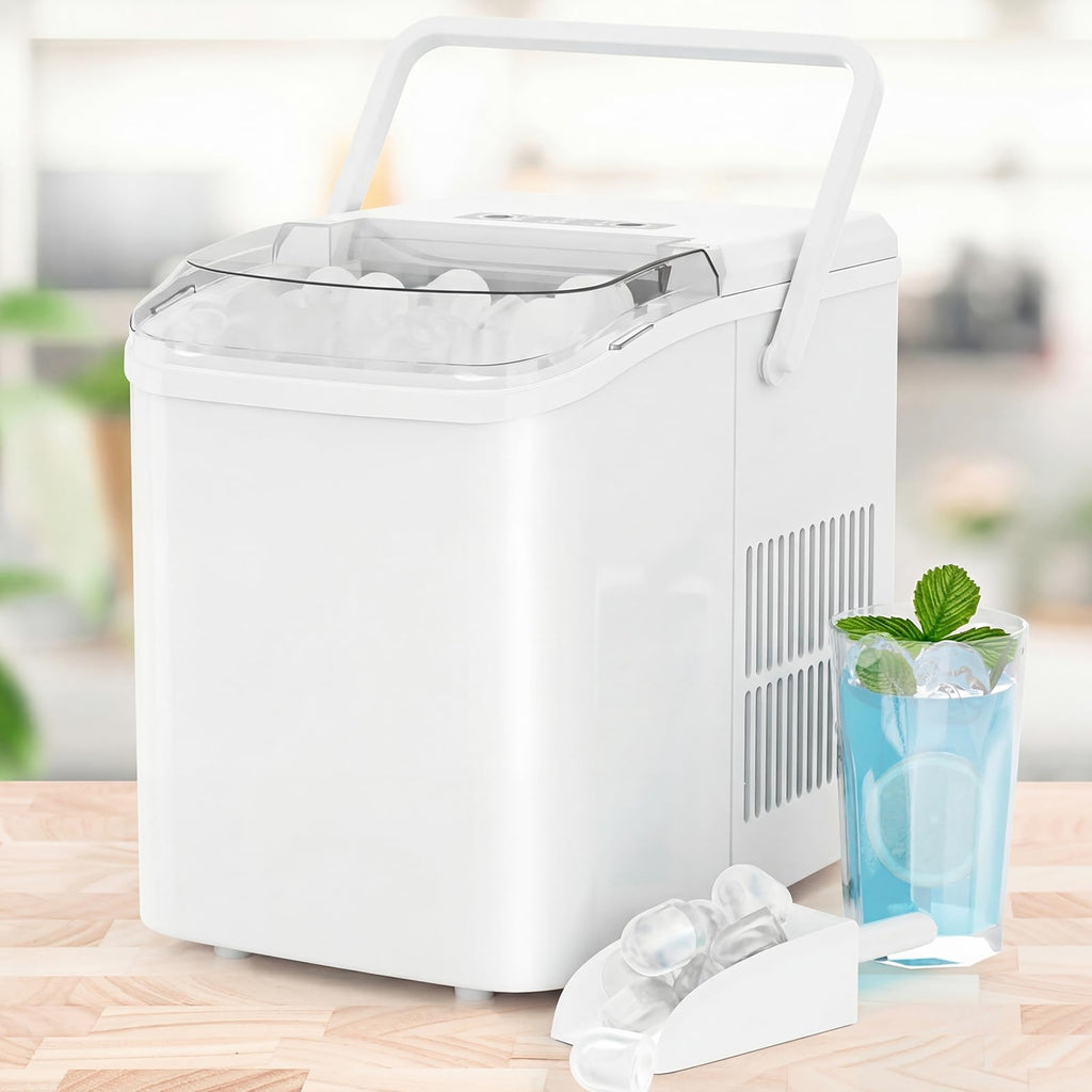 Ice Makers Countertop, Portable Ice Machine with Handle, 6 Mins 9 Bullet Cubes with Basket and Scoop, 26lbs in 24Hrs, Auto-Cleaning, for Home, Kitchen, RV, Camping, Green