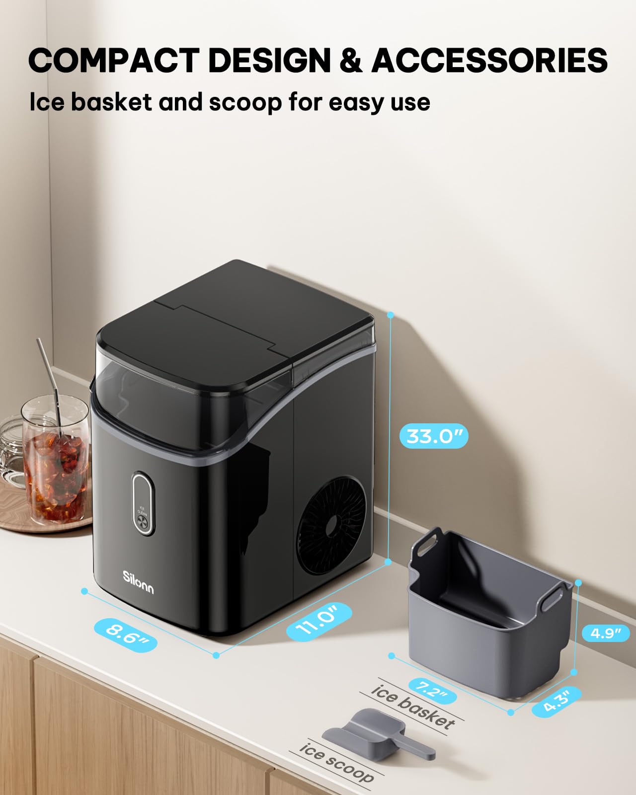 Silonn Nugget Ice Maker Countertop, Pellet Ice Machine with Self-Cleaning Function, Sonic Ice Maker Produces 36lbs of Chewable Ice in 24 Hours, Ideal for Home Kitchen and Office (Black)
