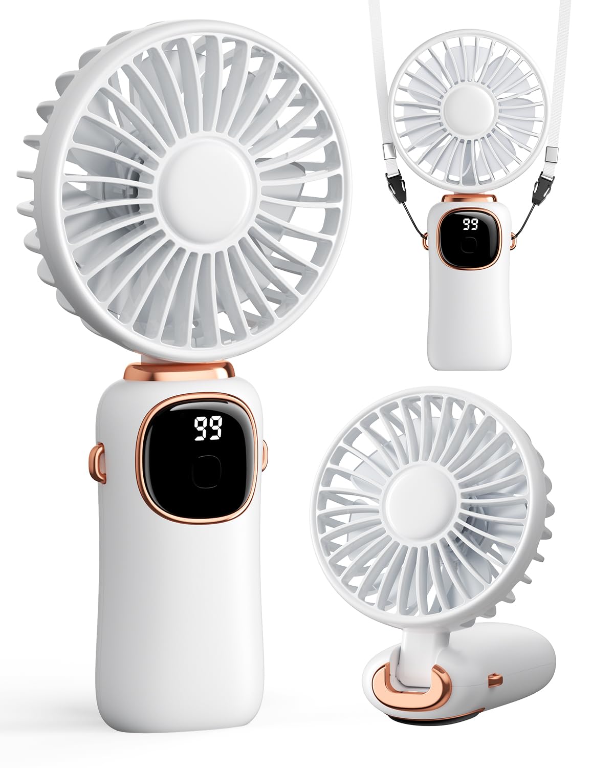 coldSky Portable Handheld Fan, 4000mAh Battery Operated with LED Display, Handheld/Neck/Desk 3 in 1 Personal Small Fan, 90° Foldable Desk Fan with Base, 5 Speed Lash Makeup Fan for Women