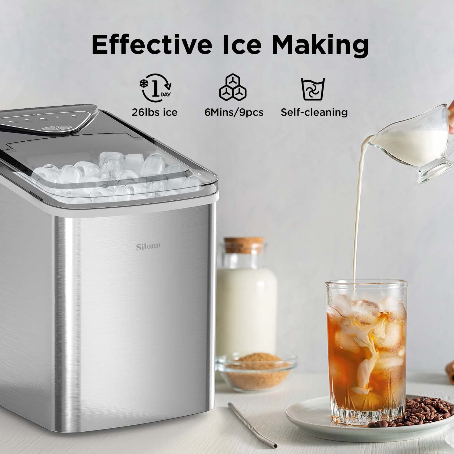Silonn Nugget Ice Maker Countertop, Pellet Ice Machine with Self-Cleaning Function, Sonic Ice Maker Produces 36lbs of Chewable Ice in 24 Hours, Ideal for Home Kitchen and Office (Black)