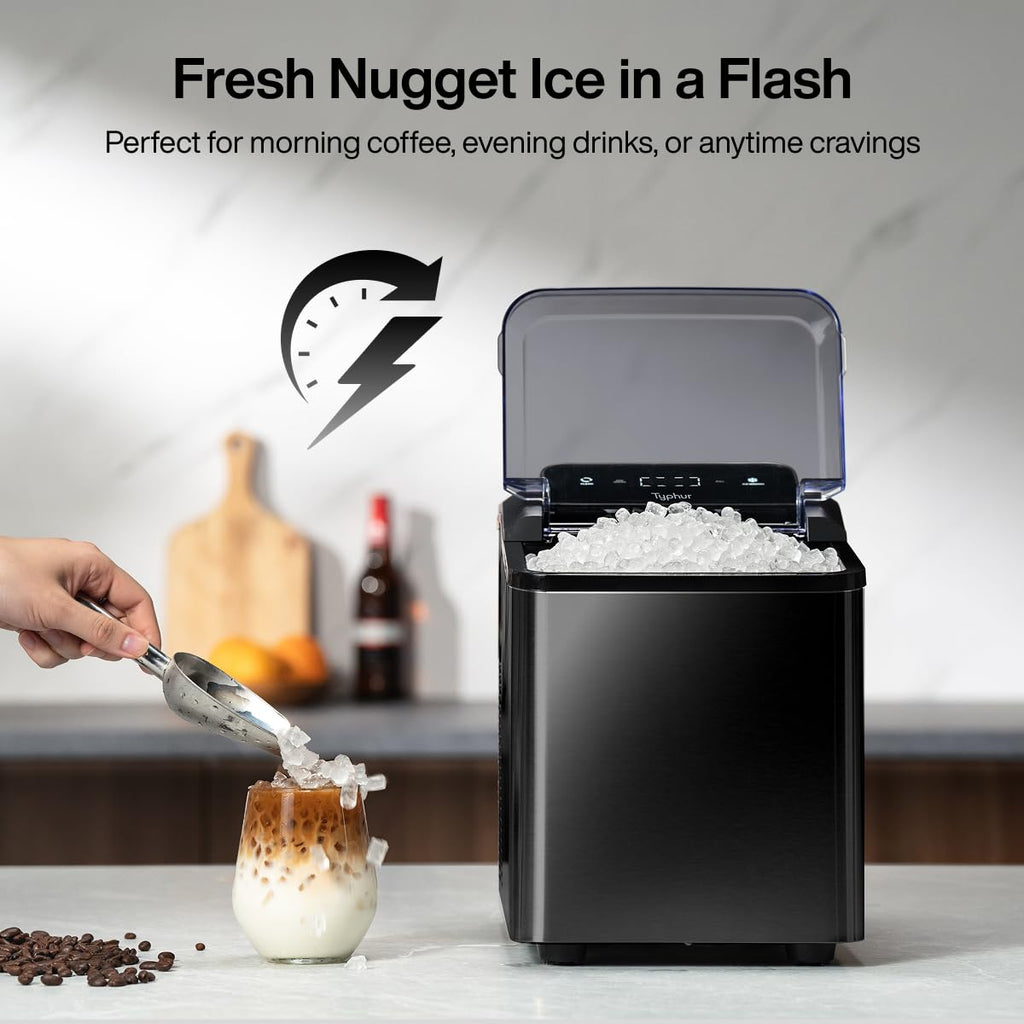 Typhur Fast Nugget Ice Maker Countertop with Self-Cleaning Pump, 35lbs/24H Crushed Pebble Ice Machine with Pellet Ice, 8 Packs Cleaner, Dual Ice Scoops for Home, Kitchen, Party, RV, Stainless Steel
