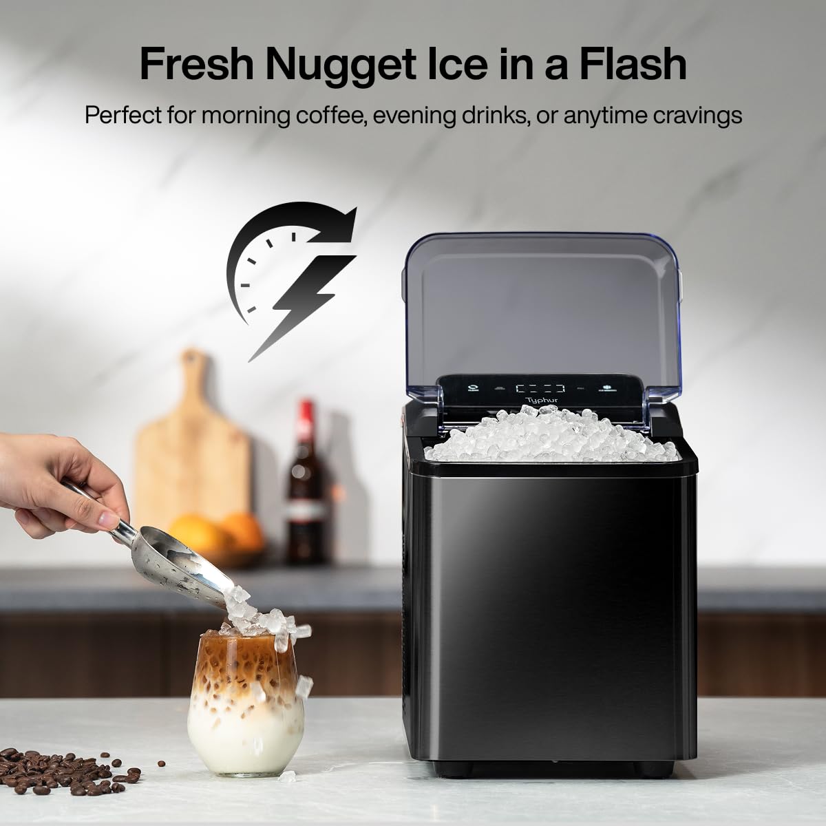 Typhur Fast Nugget Ice Maker Countertop with Self-Cleaning Pump, 35lbs/24H Crushed Pebble Ice Machine with Pellet Ice, 8 Packs Cleaner, Dual Ice Scoops for Home, Kitchen, Party, RV, Stainless Steel