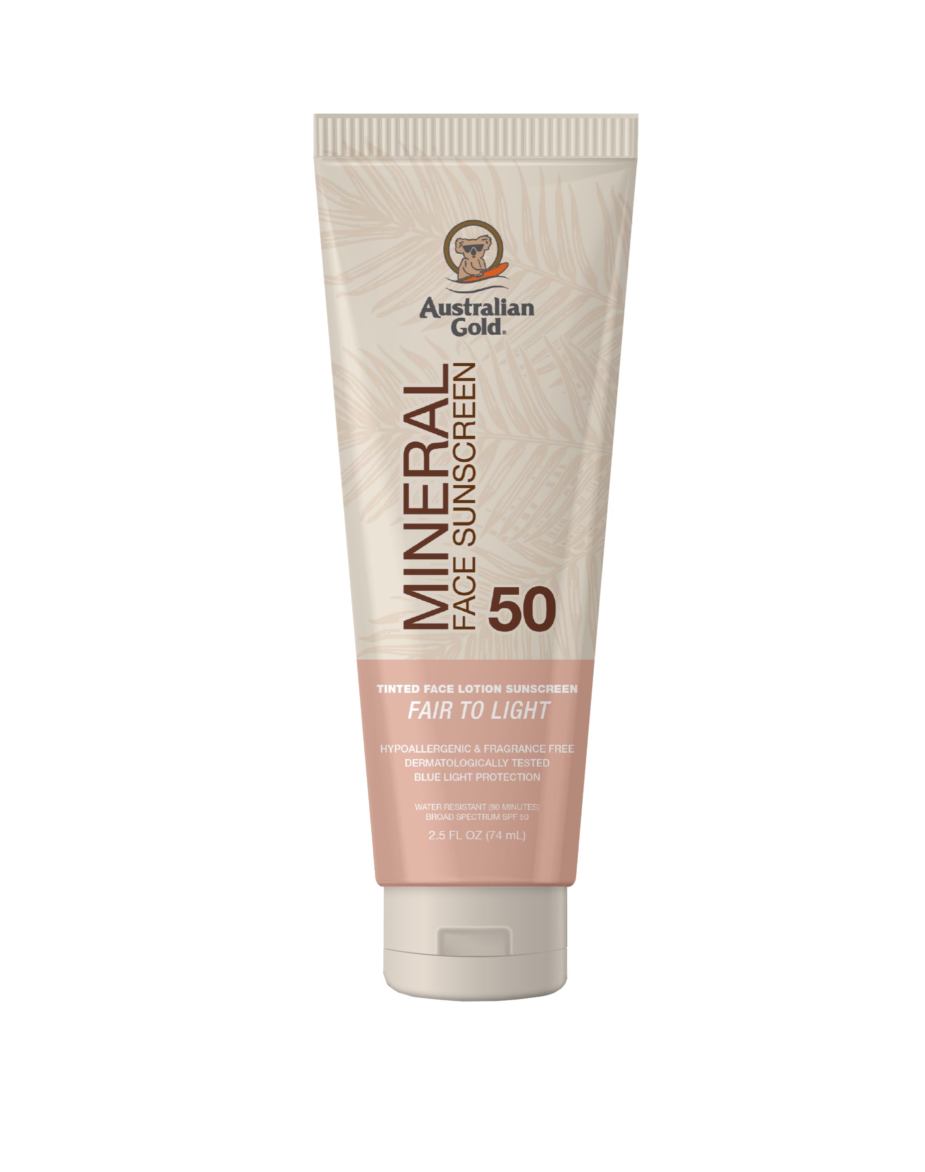 Australian Gold SPF 50 Tinted Mineral Face Sunscreen, Medium to Tan, 2.5 fl oz, Broad Spectrum, Non-Greasy BB Cream with Blue Light & Sun Protection, 4% Zinc Oxide & Titanium Dioxide, Hypoallergenic