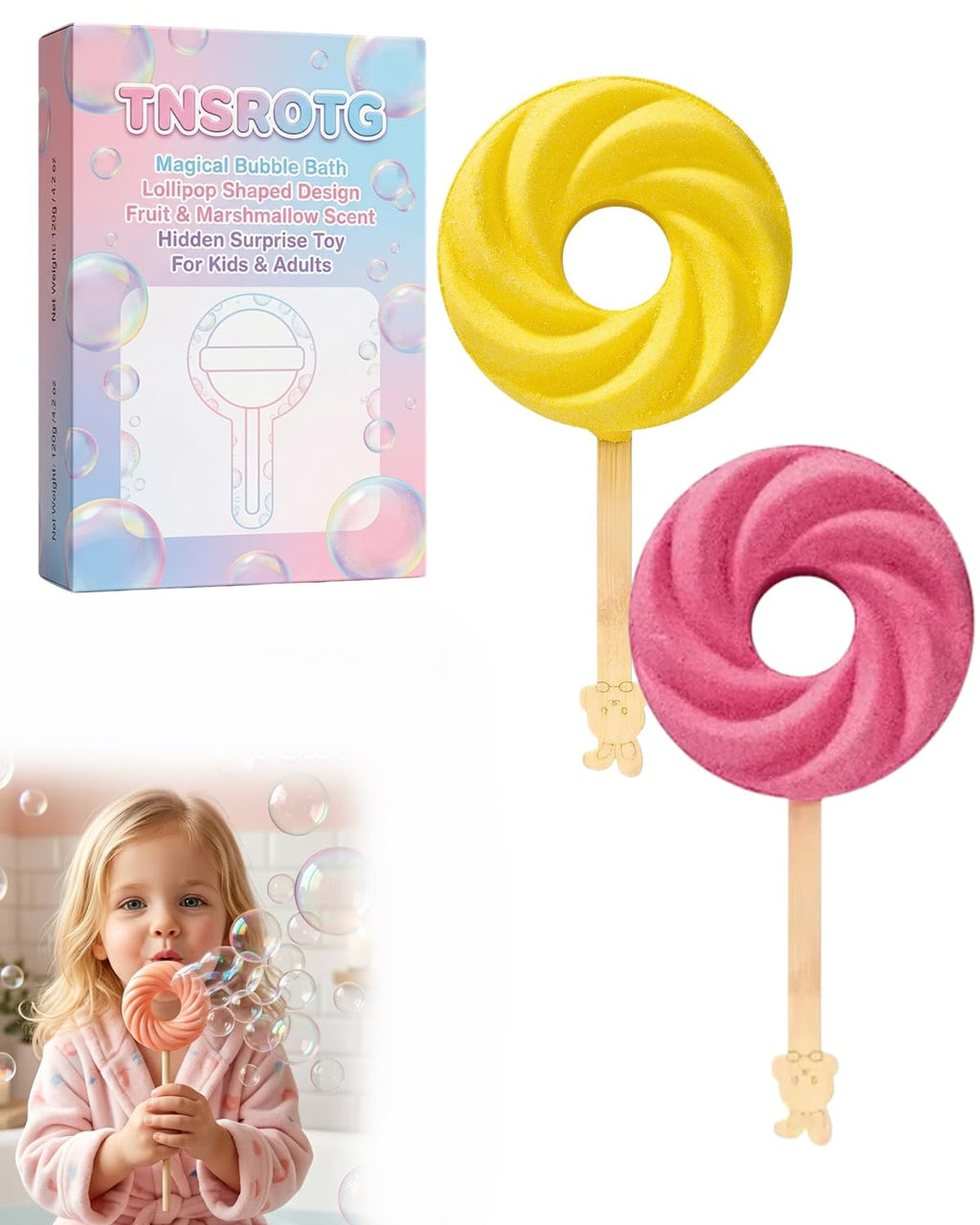 Cute Lollipop Bath Bomb – Colorful Bubble Bath Ball for Fun Baths Time Bubbly Splash Surprise Buddies Foaming Magic Baths Bombs Lollipop Toys Balls Surprise Foam Blow Bubbles Gift Bathroom (2pcs)