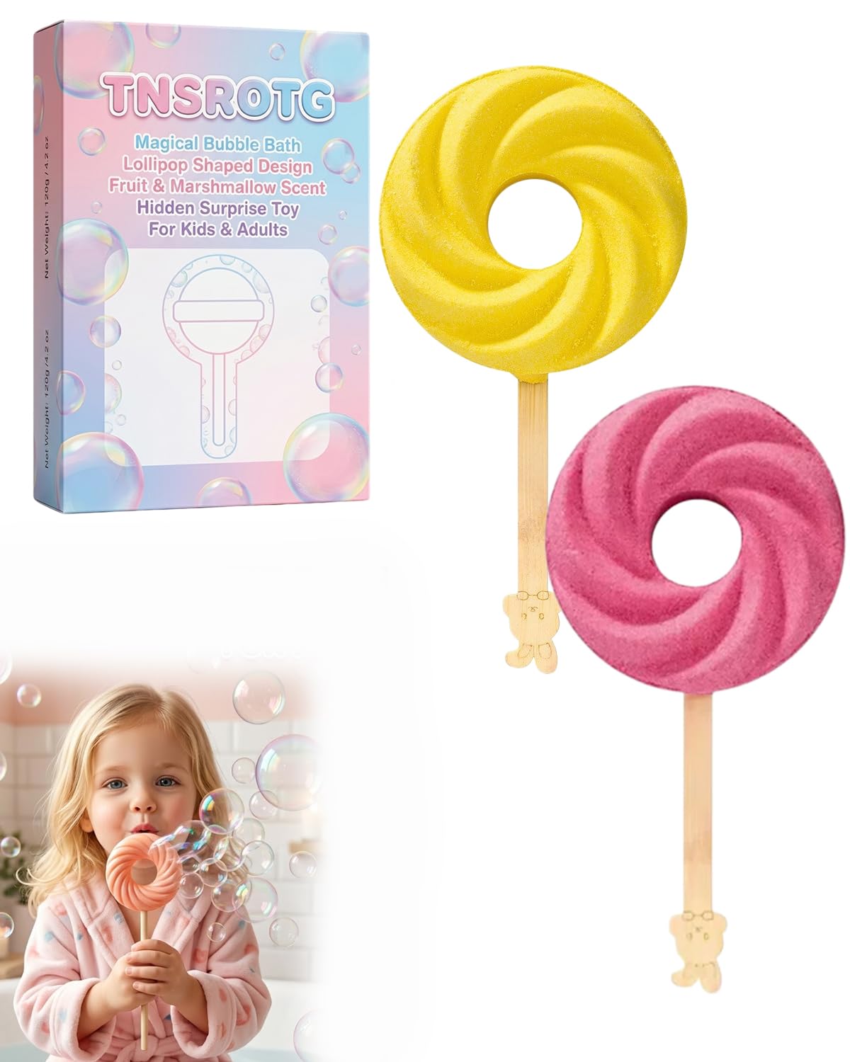 Cute Lollipop Bath Bomb – Colorful Bubble Bath Ball for Fun Baths Time Bubbly Splash Surprise Buddies Foaming Magic Baths Bombs Lollipop Toys Balls Surprise Foam Blow Bubbles Gift Bathroom (2pcs)