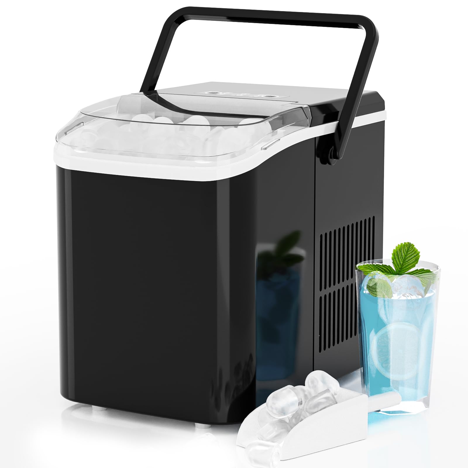Ice Makers Countertop, Portable Ice Machine with Handle, 6 Mins 9 Bullet Cubes with Basket and Scoop, 26lbs in 24Hrs, Auto-Cleaning, for Home, Kitchen, RV, Camping, Green
