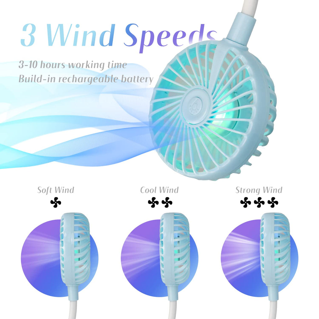 VAGAU Portable Neck Fan with Colorful LED Lights, 360 Rotation, Wearable Air Conditioner for Office Travel Sport, 3 Adjustable Speeds (Pink)