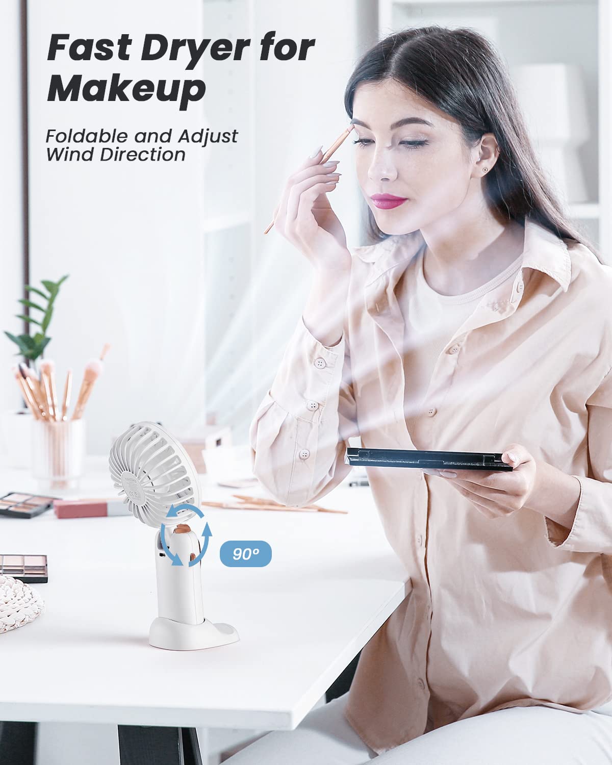 coldSky Portable Handheld Fan, 4000mAh Battery Operated with LED Display, Handheld/Neck/Desk 3 in 1 Personal Small Fan, 90° Foldable Desk Fan with Base, 5 Speed Lash Makeup Fan for Women