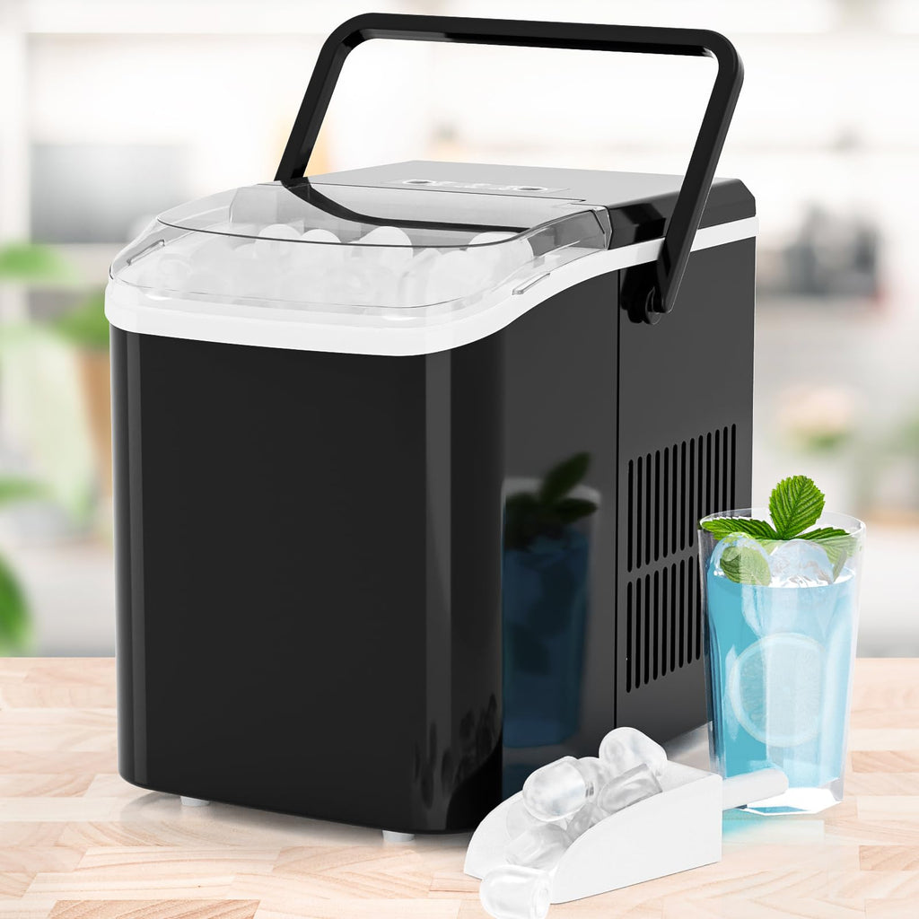 Ice Makers Countertop, Portable Ice Machine with Handle, 6 Mins 9 Bullet Cubes with Basket and Scoop, 26lbs in 24Hrs, Auto-Cleaning, for Home, Kitchen, RV, Camping, Green