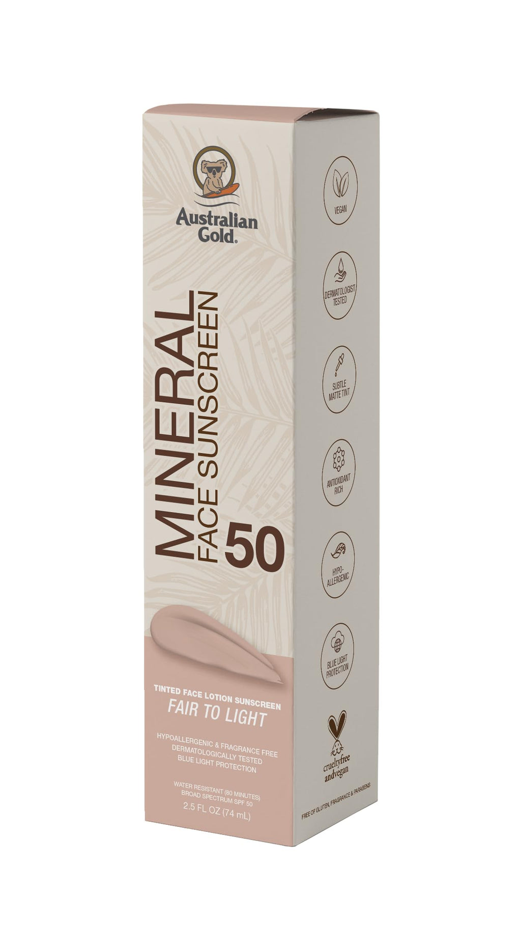 Australian Gold SPF 50 Tinted Mineral Face Sunscreen, Medium to Tan, 2.5 fl oz, Broad Spectrum, Non-Greasy BB Cream with Blue Light & Sun Protection, 4% Zinc Oxide & Titanium Dioxide, Hypoallergenic