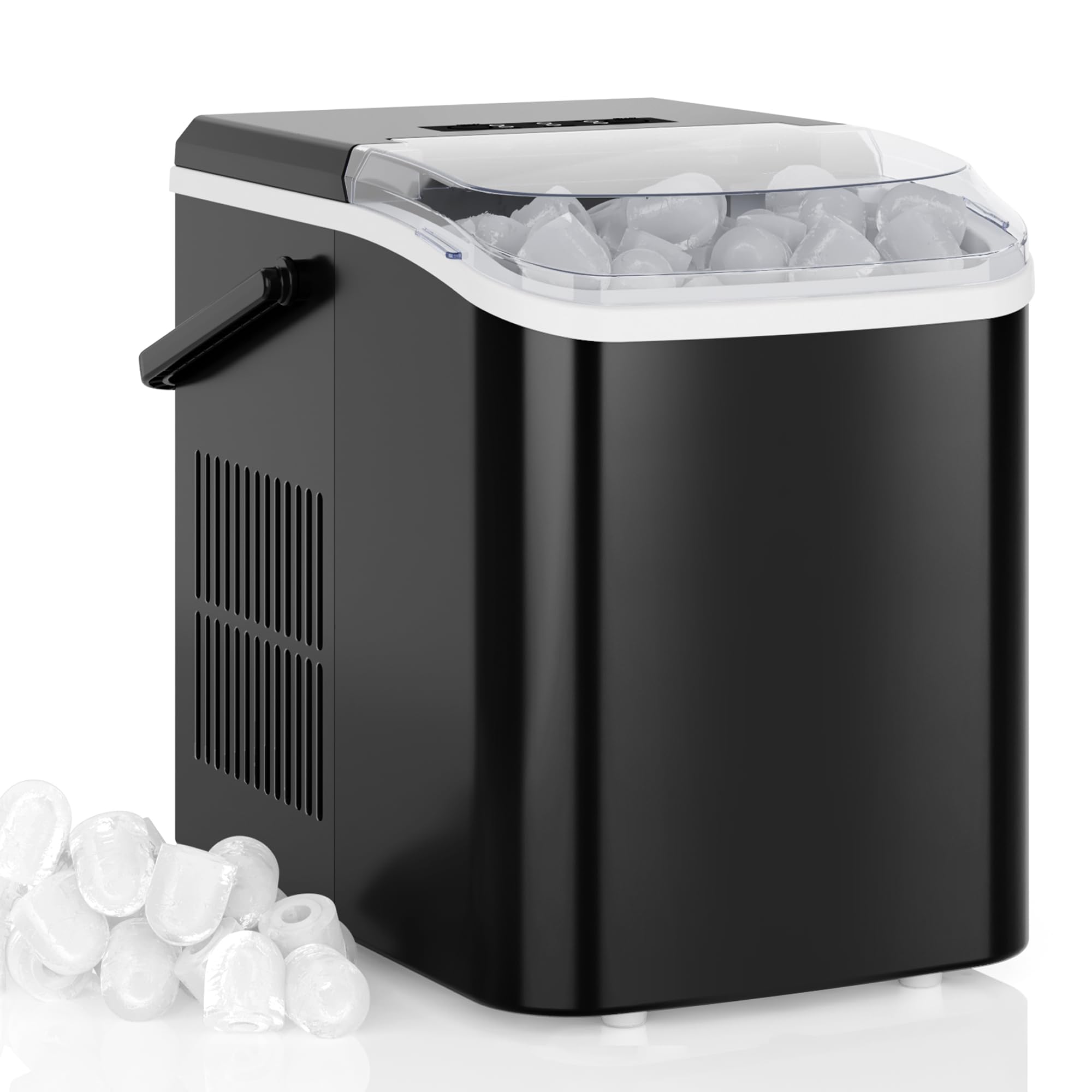 DUMOS Countertop Ice Maker with Handle, 26lbs/24H Portable Ice Machine, 9 Bullet Cubes Ready in 6 Mins, Self-Cleaning, Quiet Compact for Home, Kitchen, RV, Camping, Modern Black