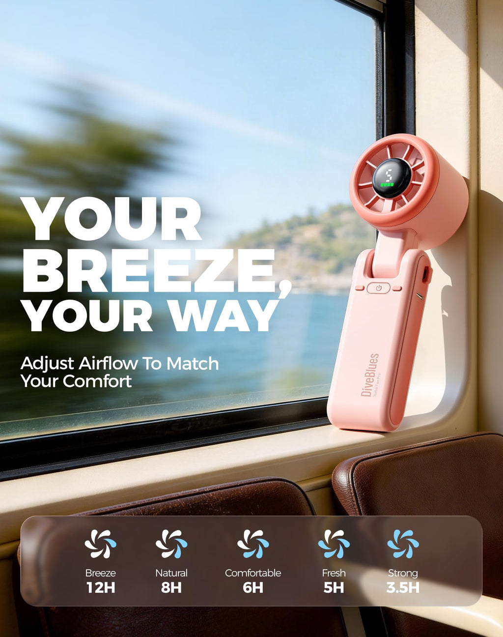 Diveblues Portable Handheld Turbo Fan | 3 IN 1 Hand/Neck/Desk Fan, Up to 12 Working Hours, 5 Gear Wind, Battery Operated, Travel, Working, Outdoor Activities